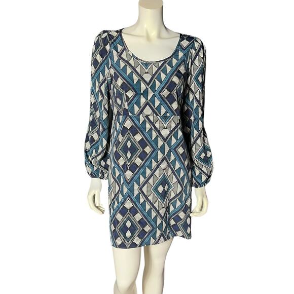 Francesca's Geometric Blue Dress Size Medium Long Sleeve Tie Waist Navy White M - Picture 1 of 6